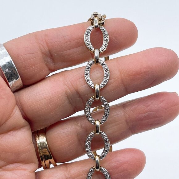 925 Gold Plated Oval Link Bracelet With Rhinestone Accents & Secure Clasp - Picture 7 of 8